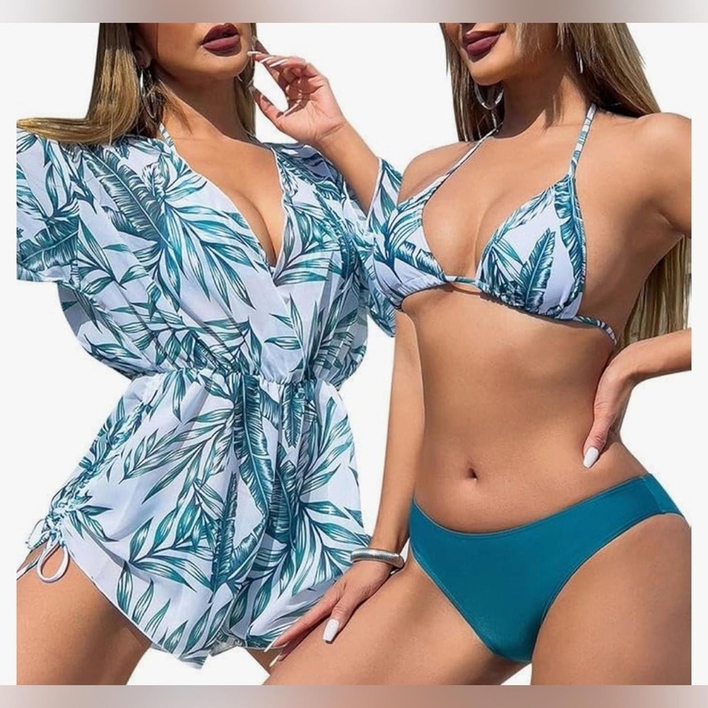 NEW Tropical Leaf Print Small THREE PIECE Set With Bikini & Mesh Romper Cover Up